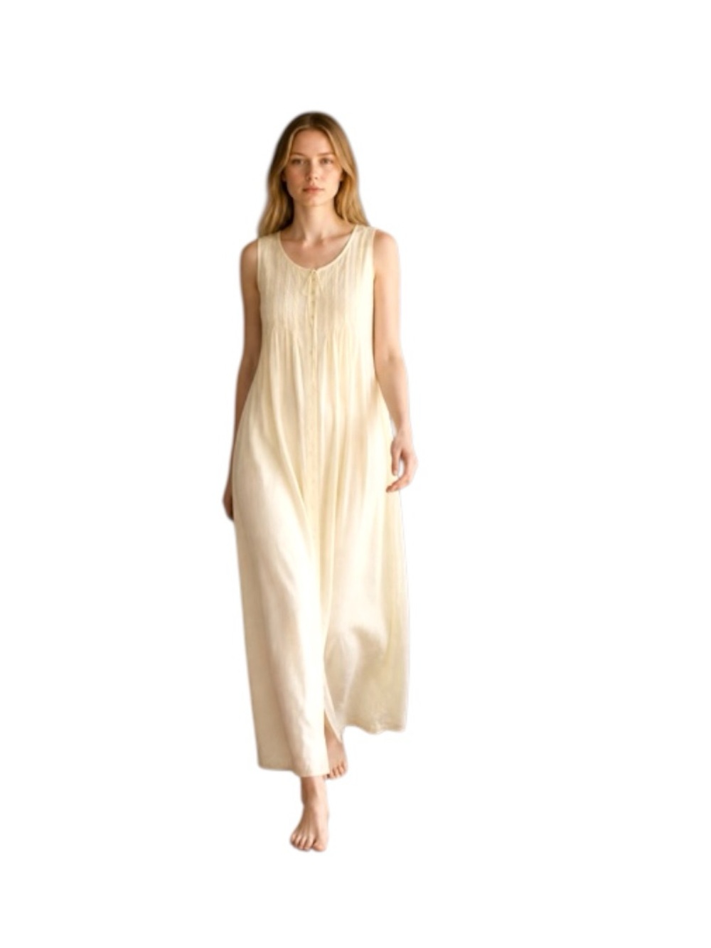 Vintage 80s Pastel Yellow Sleeveless Maxi Chemise Nightdress M Feminine Cottage